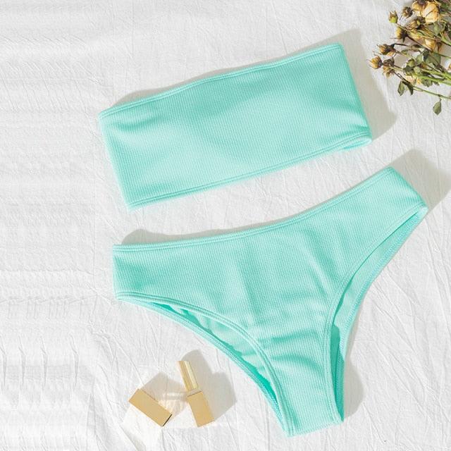 New Bikini High Waist Strapless Bikini Women Swimwear Women Swimsuit Padded Bathing Suit Women High Waist Bikini Set Strapless 2 Piece Bathing Suit Swimsuits Stevvex