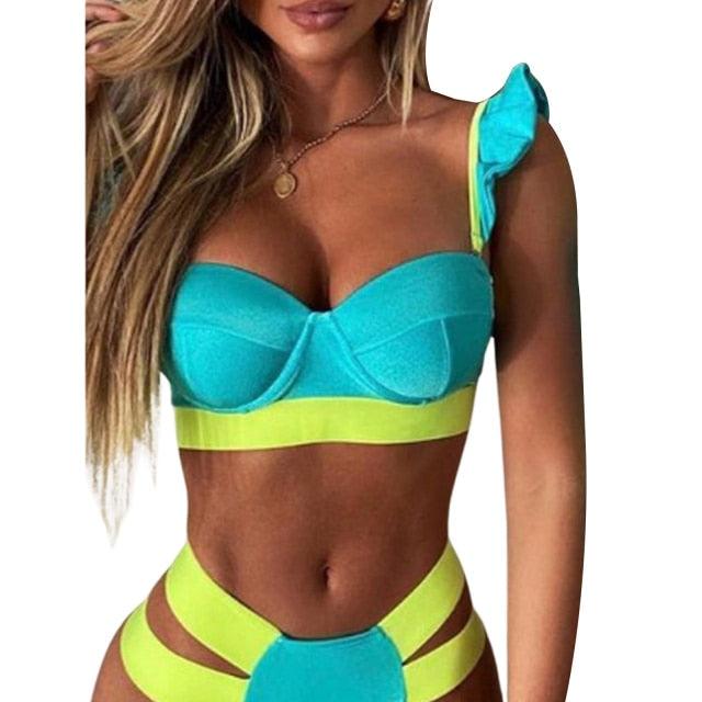 New Bikini Sets Black Push Up Swimsuit Women Neon Patchwork Bikini Swimsuit 2 Piece Cutout Molded Push Up Bathing Suit Women Swimwear Splicing Bathing Suit Holiday Beach Swimming Suit Stevvex