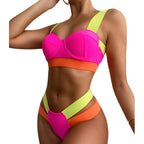 New Bikini Sets Black Push Up Swimsuit Women Neon Patchwork Bikini Swimsuit 2 Piece Cutout Molded Push Up Bathing Suit Women Swimwear Splicing Bathing Suit Holiday Beach Swimming Suit Stevvex