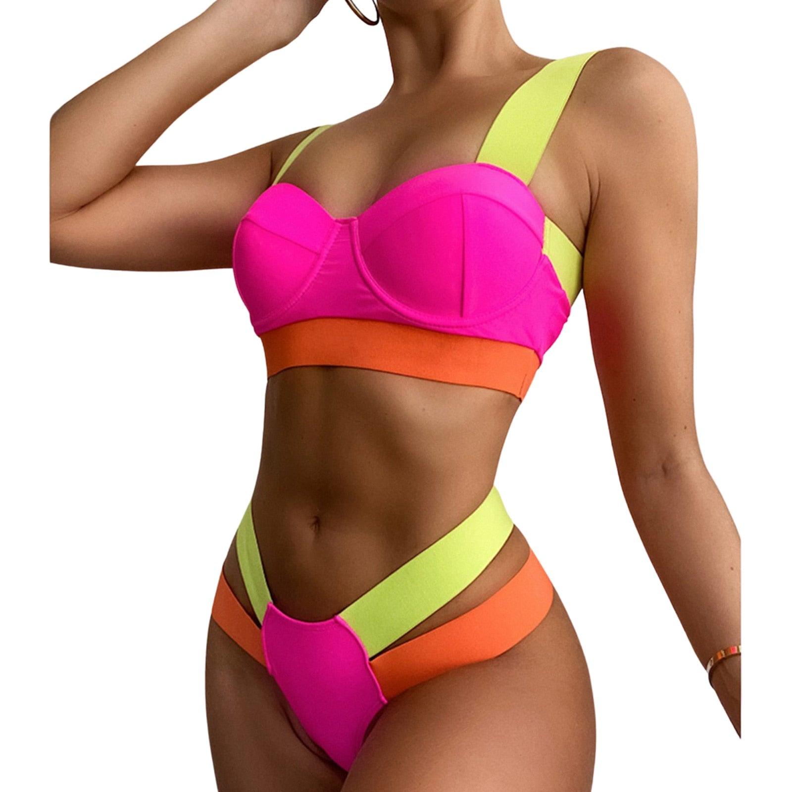New Bikini Sets Black Push Up Swimsuit Women Neon Patchwork Bikini Swimsuit 2 Piece Cutout Molded Push Up Bathing Suit Women Swimwear Splicing Bathing Suit Holiday Beach Swimming Suit Stevvex