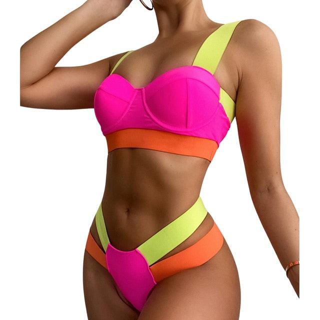 New Bikini Sets Black Push Up Swimsuit Women Neon Patchwork Bikini Swimsuit 2 Piece Cutout Molded Push Up Bathing Suit Women Swimwear Splicing Bathing Suit Holiday Beach Swimming Suit Stevvex