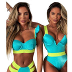 New Bikini Sets Black Push Up Swimsuit Women Neon Patchwork Bikini Swimsuit 2 Piece Cutout Molded Push Up Bathing Suit Women Swimwear Splicing Bathing Suit Holiday Beach Swimming Suit Stevvex