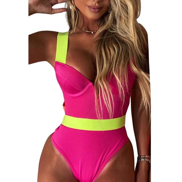 New Bikini Sets Black Push Up Swimsuit Women Neon Patchwork Bikini Swimsuit 2 Piece Cutout Molded Push Up Bathing Suit Women Swimwear Splicing Bathing Suit Holiday Beach Swimming Suit Stevvex