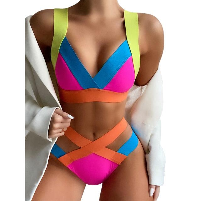New Bikini Sets Black Push Up Swimsuit Women Neon Patchwork Bikini Swimsuit 2 Piece Cutout Molded Push Up Bathing Suit Women Swimwear Splicing Bathing Suit Holiday Beach Swimming Suit Stevvex