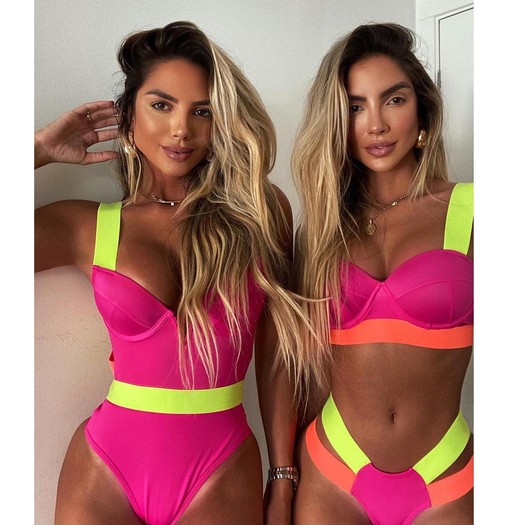 New Bikini Sets Black Push Up Swimsuit Women Neon Patchwork Bikini Swimsuit 2 Piece Cutout Molded Push Up Bathing Suit Women Swimwear Splicing Bathing Suit Holiday Beach Swimming Suit Stevvex