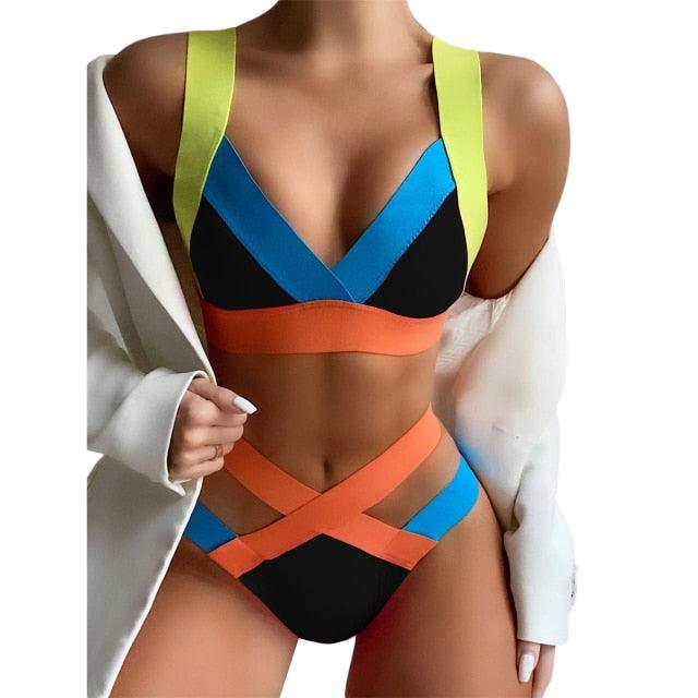 New Bikini Sets Black Push Up Swimsuit Women Neon Patchwork Bikini Swimsuit 2 Piece Cutout Molded Push Up Bathing Suit Women Swimwear Splicing Bathing Suit Holiday Beach Swimming Suit Stevvex