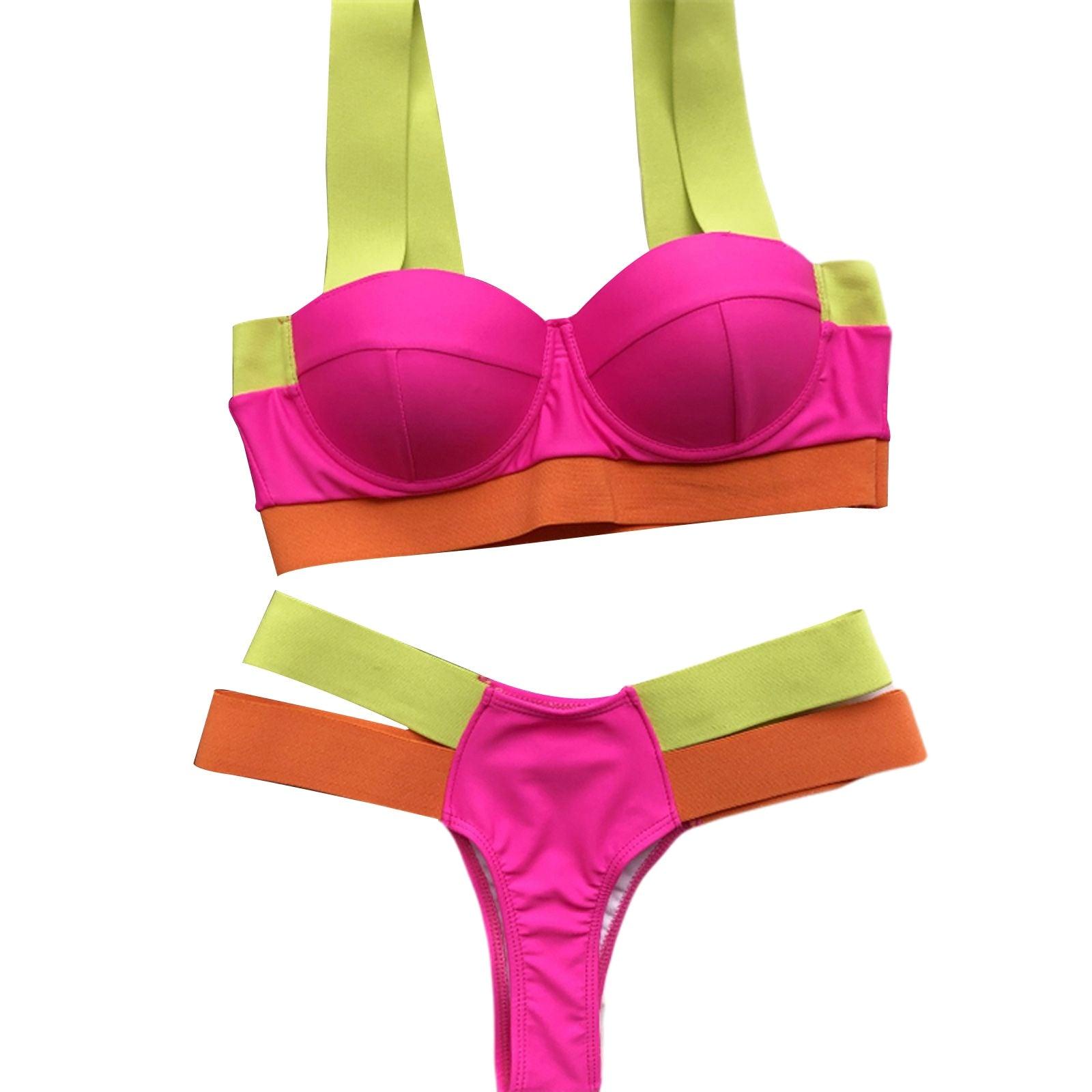 New Bikini Sets Black Push Up Swimsuit Women Neon Patchwork Bikini Swimsuit 2 Piece Cutout Molded Push Up Bathing Suit Women Swimwear Splicing Bathing Suit Holiday Beach Swimming Suit Stevvex