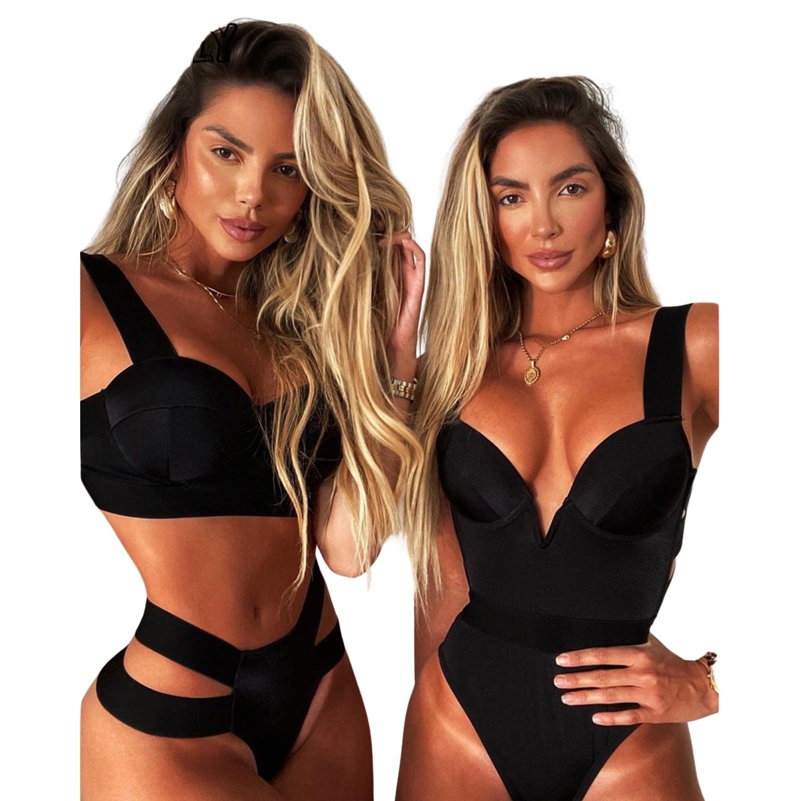 New Bikini Sets Black Push Up Swimsuit Women Neon Patchwork Bikini Swimsuit 2 Piece Cutout Molded Push Up Bathing Suit Women Swimwear Splicing Bathing Suit Holiday Beach Swimming Suit Stevvex