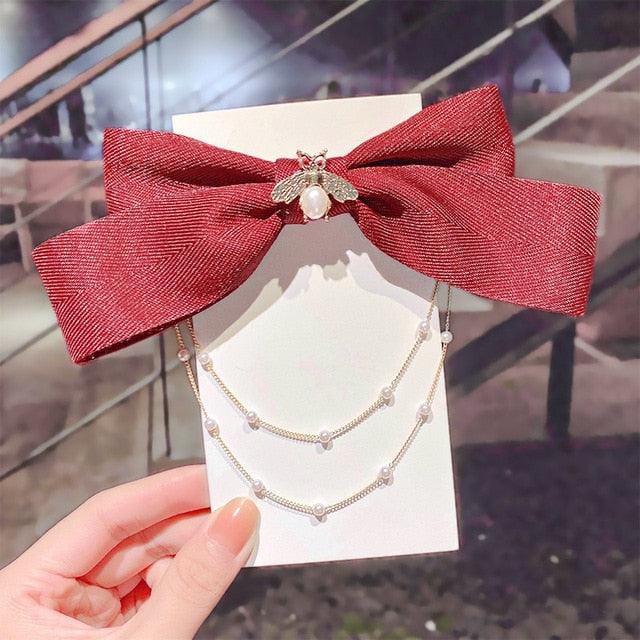 New Bow Pearls Chain Barrettes Hairpins For Women Rhinestone Spring Hair Clips Ribbon Headband Ponytail Headdress Wedding Hair Accessories for Brides and Bridesmaids Stevvex