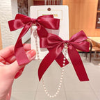 New Bow Pearls Chain Barrettes Hairpins For Women Rhinestone Spring Hair Clips Ribbon Headband Ponytail Headdress Wedding Hair Accessories for Brides and Bridesmaids Stevvex