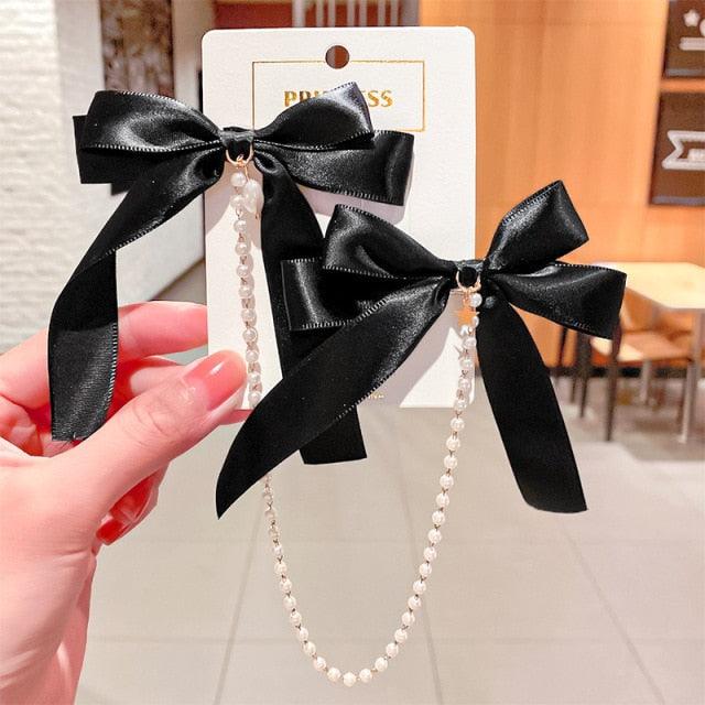 New Bow Pearls Chain Barrettes Hairpins For Women Rhinestone Spring Hair Clips Ribbon Headband Ponytail Headdress Wedding Hair Accessories for Brides and Bridesmaids Stevvex