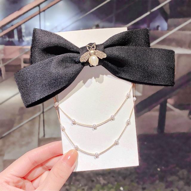 New Bow Pearls Chain Barrettes Hairpins For Women Rhinestone Spring Hair Clips Ribbon Headband Ponytail Headdress Wedding Hair Accessories for Brides and Bridesmaids Stevvex