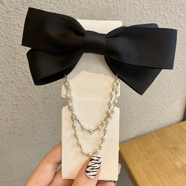 New Bow Pearls Chain Barrettes Hairpins For Women Rhinestone Spring Hair Clips Ribbon Headband Ponytail Headdress Wedding Hair Accessories for Brides and Bridesmaids Stevvex