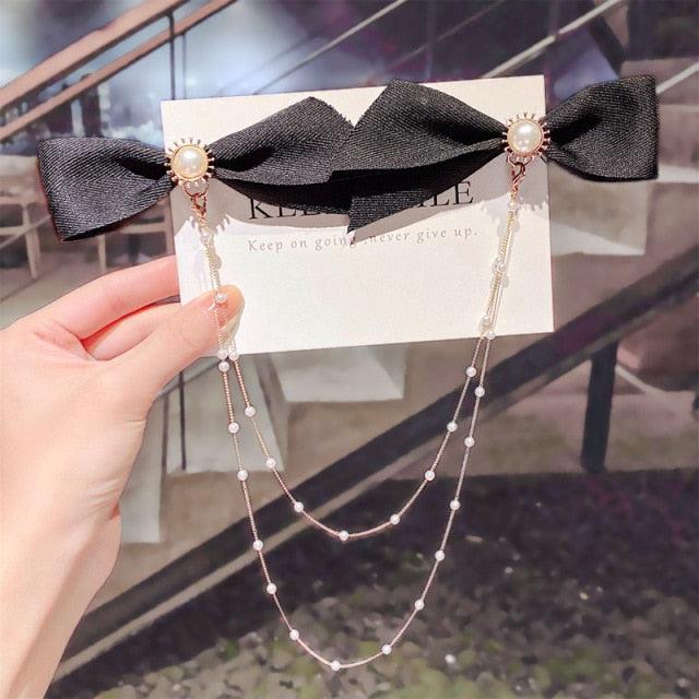 New Bow Pearls Chain Barrettes Hairpins For Women Rhinestone Spring Hair Clips Ribbon Headband Ponytail Headdress Wedding Hair Accessories for Brides and Bridesmaids Stevvex