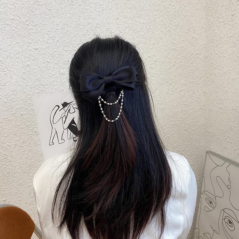 New Bow Pearls Chain Barrettes Hairpins For Women Rhinestone Spring Hair Clips Ribbon Headband Ponytail Headdress Wedding Hair Accessories for Brides and Bridesmaids Stevvex