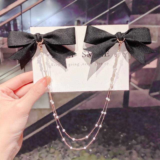 New Bow Pearls Chain Barrettes Hairpins For Women Rhinestone Spring Hair Clips Ribbon Headband Ponytail Headdress Wedding Hair Accessories for Brides and Bridesmaids Stevvex