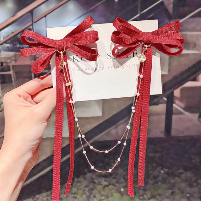 New Bow Pearls Chain Barrettes Hairpins For Women Rhinestone Spring Hair Clips Ribbon Headband Ponytail Headdress Wedding Hair Accessories for Brides and Bridesmaids Stevvex