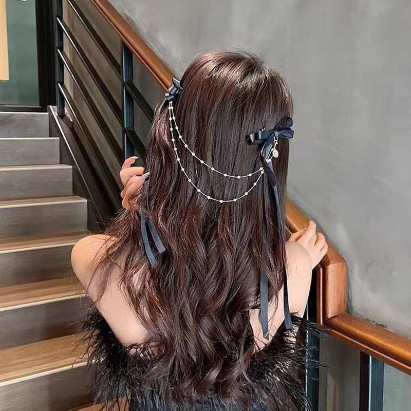 New Bow Pearls Chain Barrettes Hairpins For Women Rhinestone Spring Hair Clips Ribbon Headband Ponytail Headdress Wedding Hair Accessories for Brides and Bridesmaids Stevvex