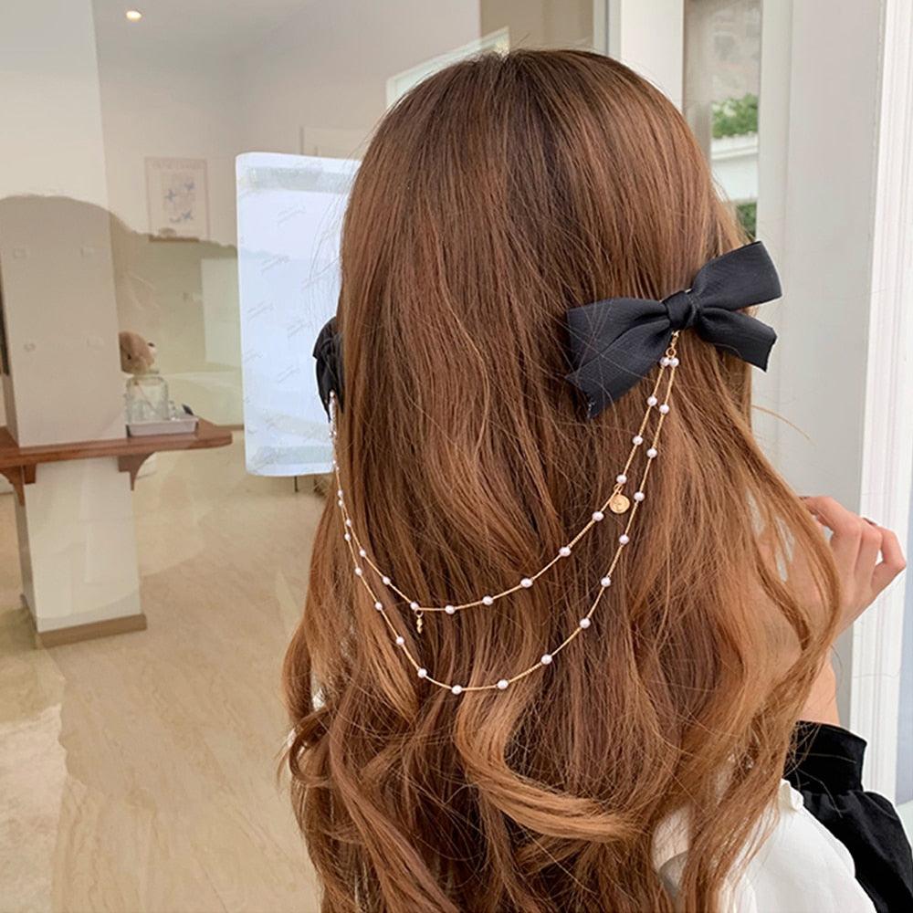 New Bow Pearls Chain Barrettes Hairpins For Women Rhinestone Spring Hair Clips Ribbon Headband Ponytail Headdress Wedding Hair Accessories for Brides and Bridesmaids Stevvex