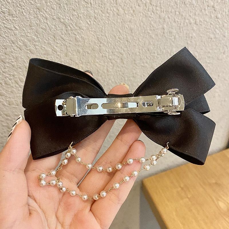 New Bow Pearls Chain Barrettes Hairpins For Women Rhinestone Spring Hair Clips Ribbon Headband Ponytail Headdress Wedding Hair Accessories for Brides and Bridesmaids Stevvex