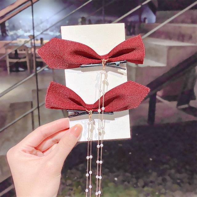 New Bow Pearls Chain Barrettes Hairpins For Women Rhinestone Spring Hair Clips Ribbon Headband Ponytail Headdress Wedding Hair Accessories for Brides and Bridesmaids Stevvex