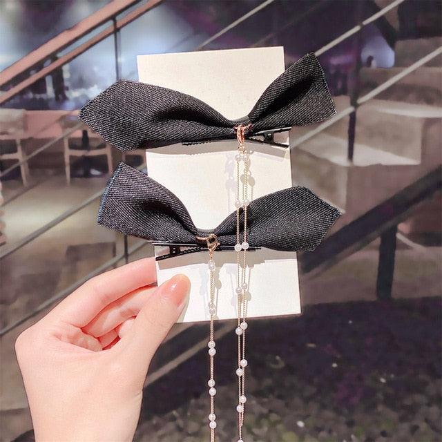 New Bow Pearls Chain Barrettes Hairpins For Women Rhinestone Spring Hair Clips Ribbon Headband Ponytail Headdress Wedding Hair Accessories for Brides and Bridesmaids Stevvex