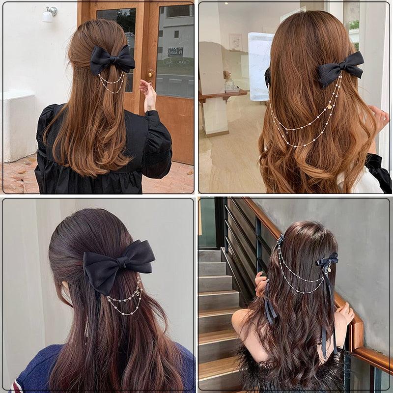 New Bow Pearls Chain Barrettes Hairpins For Women Rhinestone Spring Hair Clips Ribbon Headband Ponytail Headdress Wedding Hair Accessories for Brides and Bridesmaids Stevvex