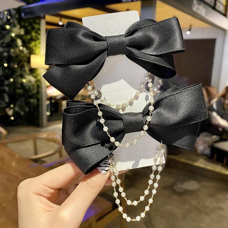 New Bow Pearls Chain Barrettes Hairpins For Women Rhinestone Spring Hair Clips Ribbon Headband Ponytail Headdress Wedding Hair Accessories for Brides and Bridesmaids Stevvex