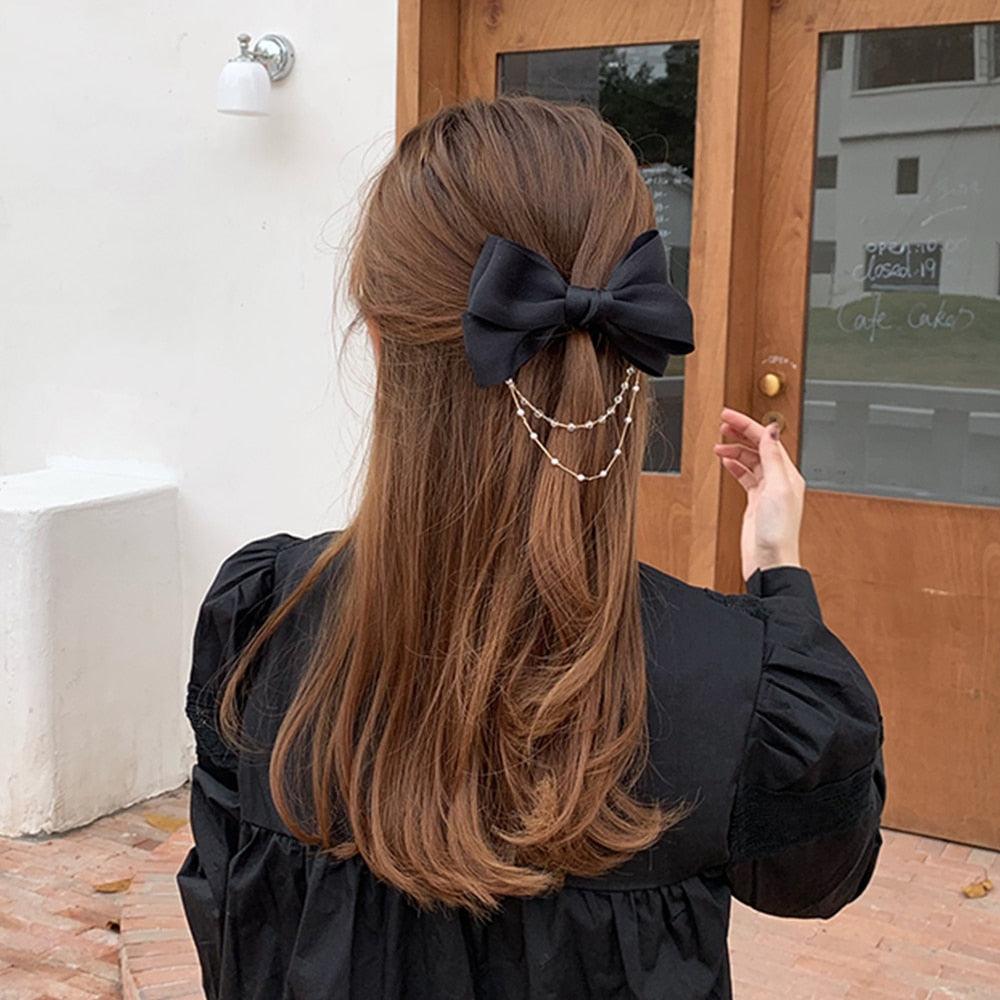 New Bow Pearls Chain Barrettes Hairpins For Women Rhinestone Spring Hair Clips Ribbon Headband Ponytail Headdress Wedding Hair Accessories for Brides and Bridesmaids Stevvex