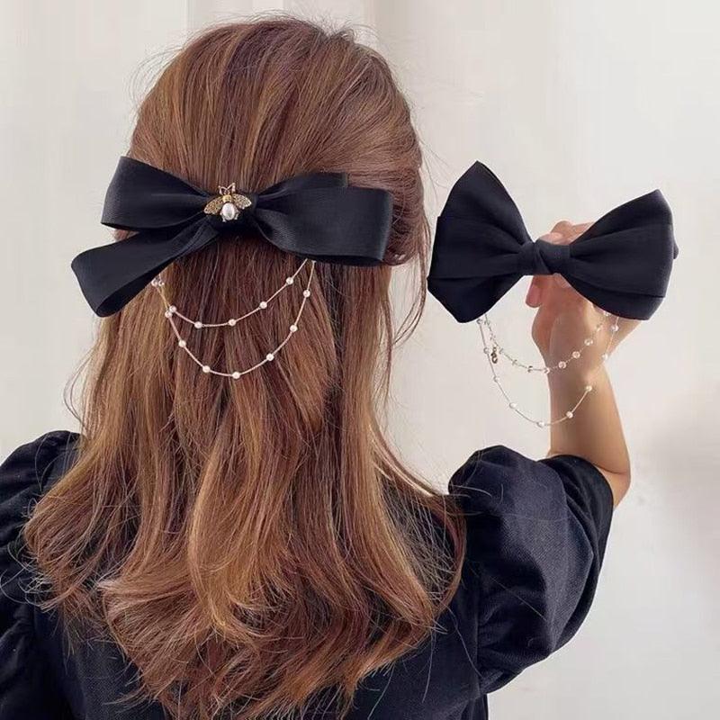 New Bow Pearls Chain Barrettes Hairpins For Women Rhinestone Spring Hair Clips Ribbon Headband Ponytail Headdress Wedding Hair Accessories for Brides and Bridesmaids Stevvex