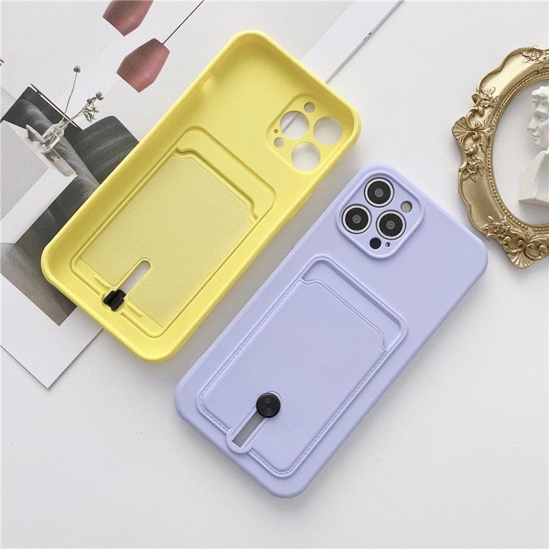 New Candy Color Wallet Card Case For iPhone 13 11 12 14 Pro Max Soft Silicone Shockproof Cover Silicone Protective Case Soft Slim Card Slot Case Compatible with iPhone 11 Purple Phone Case Stevvex