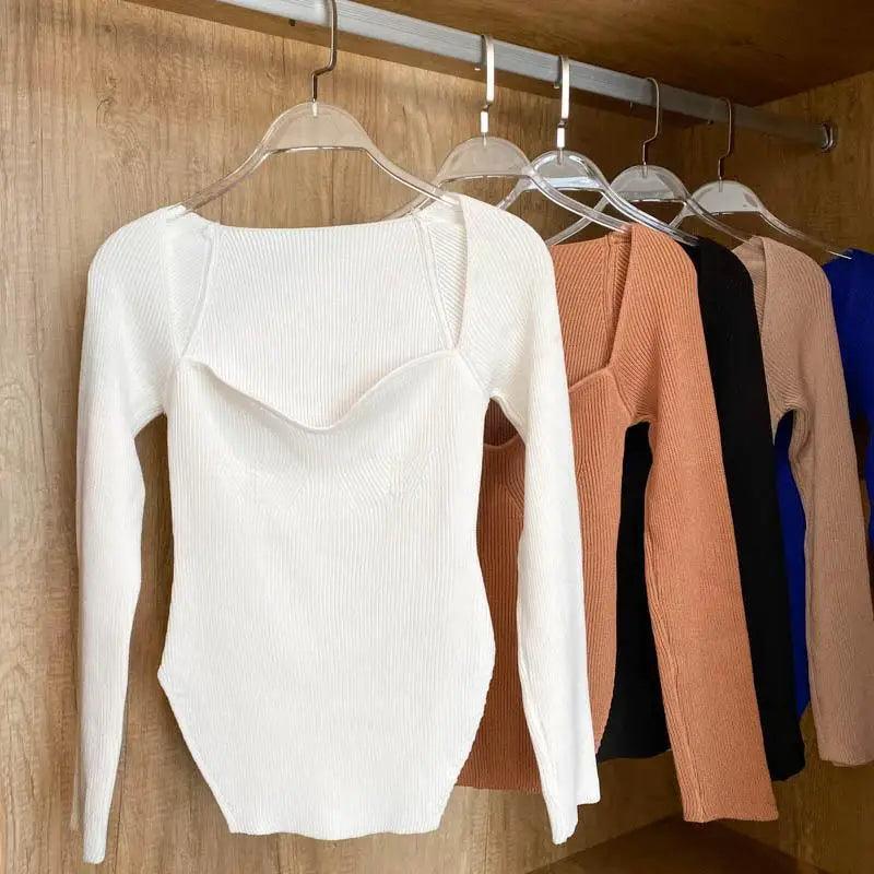 New Casual And Trendy Square Collar Long Sleeve Woman's Sweaters Knitted Pullover Spring Autumn Sweater Winter Tops For Women Black And White Jumper Stevvex