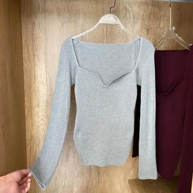 New Casual And Trendy Square Collar Long Sleeve Woman's Sweaters Knitted Pullover Spring Autumn Sweater Winter Tops For Women Black And White Jumper Stevvex