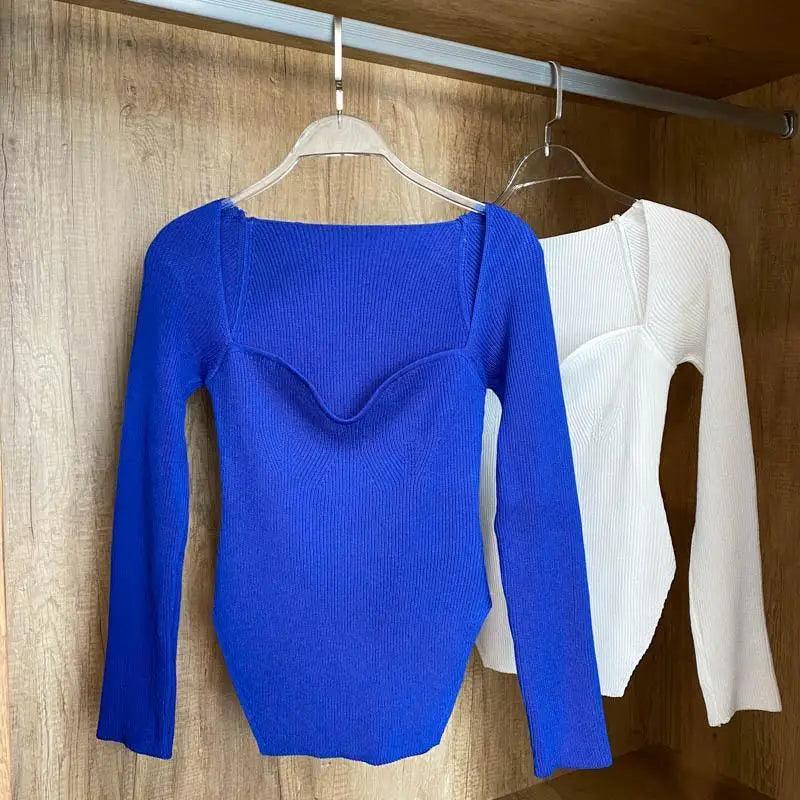 New Casual And Trendy Square Collar Long Sleeve Woman's Sweaters Knitted Pullover Spring Autumn Sweater Winter Tops For Women Black And White Jumper Stevvex