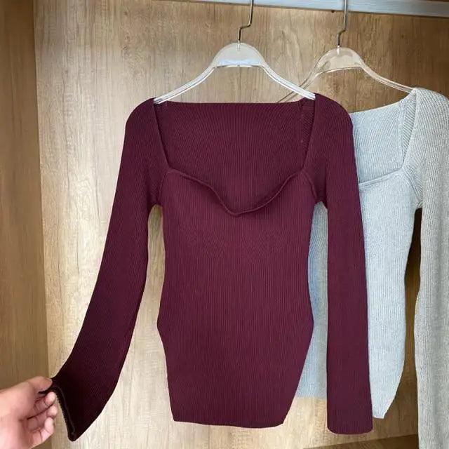 New Casual And Trendy Square Collar Long Sleeve Woman's Sweaters Knitted Pullover Spring Autumn Sweater Winter Tops For Women Black And White Jumper Stevvex