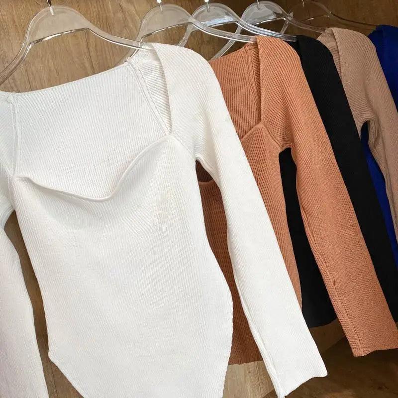 New Casual And Trendy Square Collar Long Sleeve Woman's Sweaters Knitted Pullover Spring Autumn Sweater Winter Tops For Women Black And White Jumper Stevvex