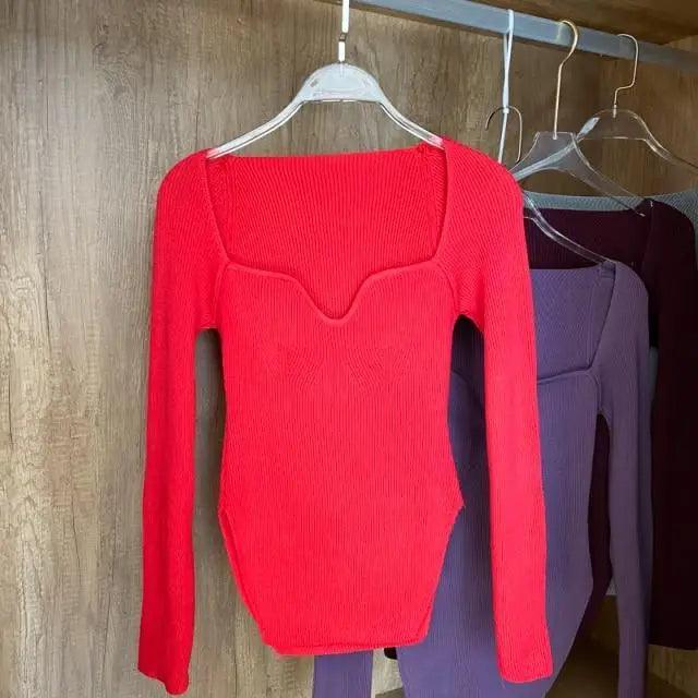 New Casual And Trendy Square Collar Long Sleeve Woman's Sweaters Knitted Pullover Spring Autumn Sweater Winter Tops For Women Black And White Jumper Stevvex