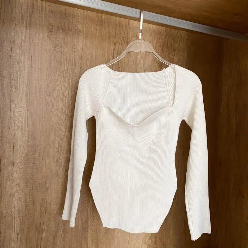 New Casual And Trendy Square Collar Long Sleeve Woman's Sweaters Knitted Pullover Spring Autumn Sweater Winter Tops For Women Black And White Jumper Stevvex