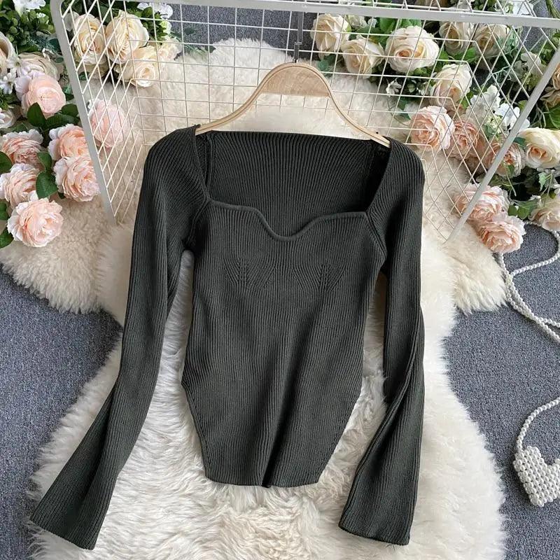 New Casual And Trendy Square Collar Long Sleeve Woman's Sweaters Knitted Pullover Spring Autumn Sweater Winter Tops For Women Black And White Jumper Stevvex