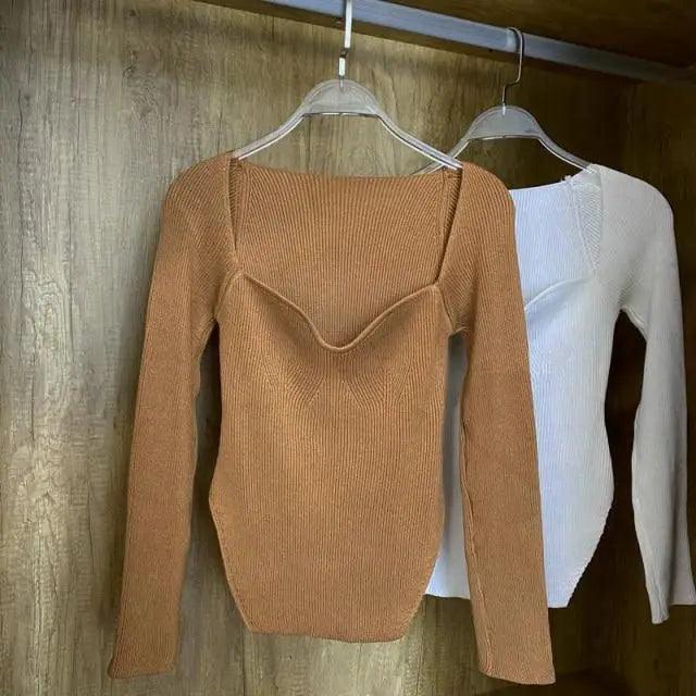 New Casual And Trendy Square Collar Long Sleeve Woman's Sweaters Knitted Pullover Spring Autumn Sweater Winter Tops For Women Black And White Jumper Stevvex