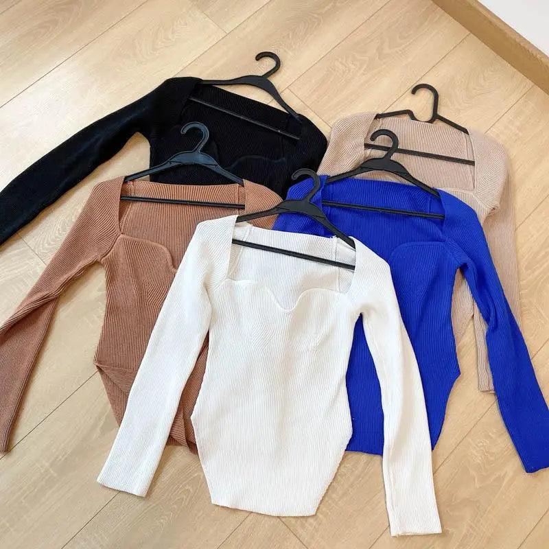New Casual And Trendy Square Collar Long Sleeve Woman's Sweaters Knitted Pullover Spring Autumn Sweater Winter Tops For Women Black And White Jumper Stevvex