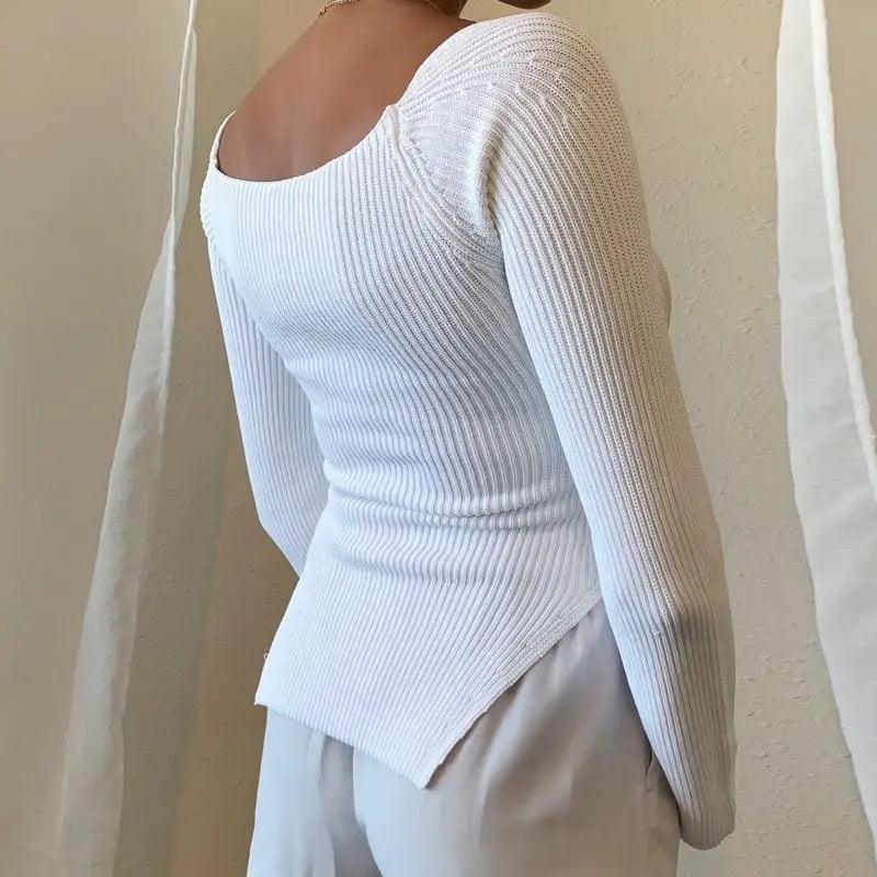 New Casual And Trendy Square Collar Long Sleeve Woman's Sweaters Knitted Pullover Spring Autumn Sweater Winter Tops For Women Black And White Jumper Stevvex