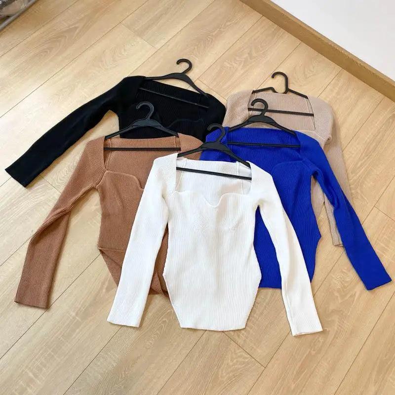 New Casual And Trendy Square Collar Long Sleeve Woman's Sweaters Knitted Pullover Spring Autumn Sweater Winter Tops For Women Black And White Jumper Stevvex