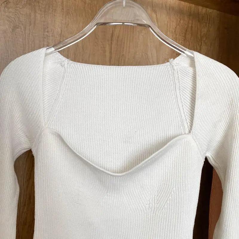 New Casual And Trendy Square Collar Long Sleeve Woman's Sweaters Knitted Pullover Spring Autumn Sweater Winter Tops For Women Black And White Jumper Stevvex