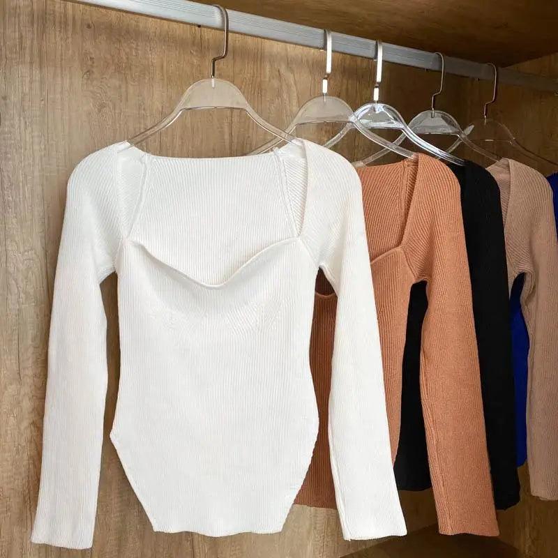 New Casual And Trendy Square Collar Long Sleeve Woman's Sweaters Knitted Pullover Spring Autumn Sweater Winter Tops For Women Black And White Jumper Stevvex