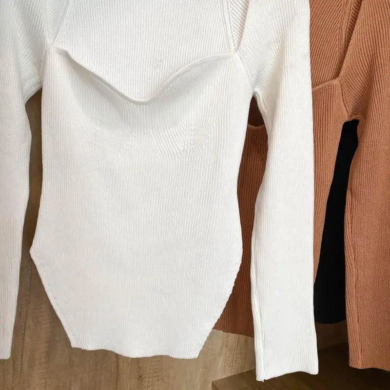 New Casual And Trendy Square Collar Long Sleeve Woman's Sweaters Knitted Pullover Spring Autumn Sweater Winter Tops For Women Black And White Jumper Stevvex