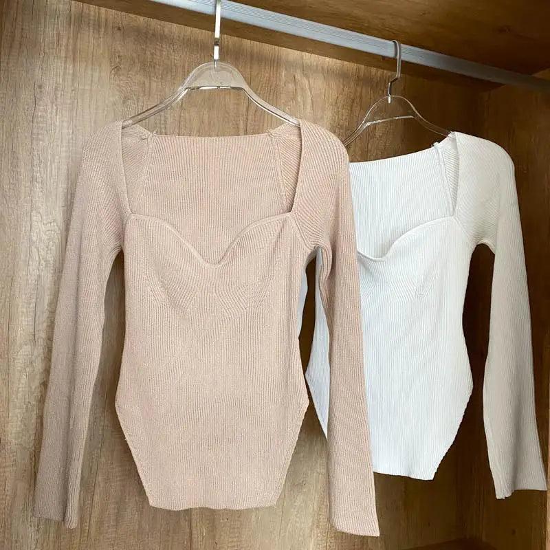 New Casual And Trendy Square Collar Long Sleeve Woman's Sweaters Knitted Pullover Spring Autumn Sweater Winter Tops For Women Black And White Jumper Stevvex
