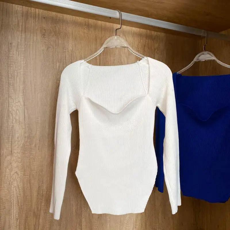 New Casual And Trendy Square Collar Long Sleeve Woman's Sweaters Knitted Pullover Spring Autumn Sweater Winter Tops For Women Black And White Jumper Stevvex