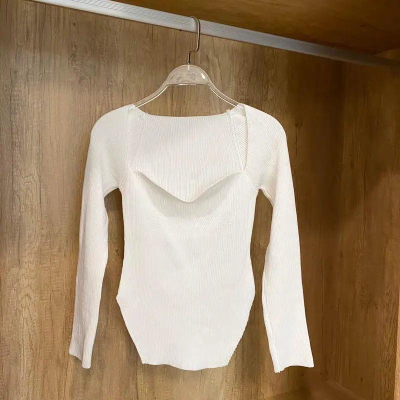 New Casual And Trendy Square Collar Long Sleeve Woman's Sweaters Knitted Pullover Spring Autumn Sweater Winter Tops For Women Black And White Jumper Stevvex