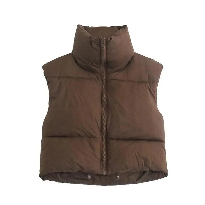 New Chic Lady Fashionable Women's Casual High Collar In Coffee Color Short Outwear Zippers Sleeveless Jackets Vest Stevvex
